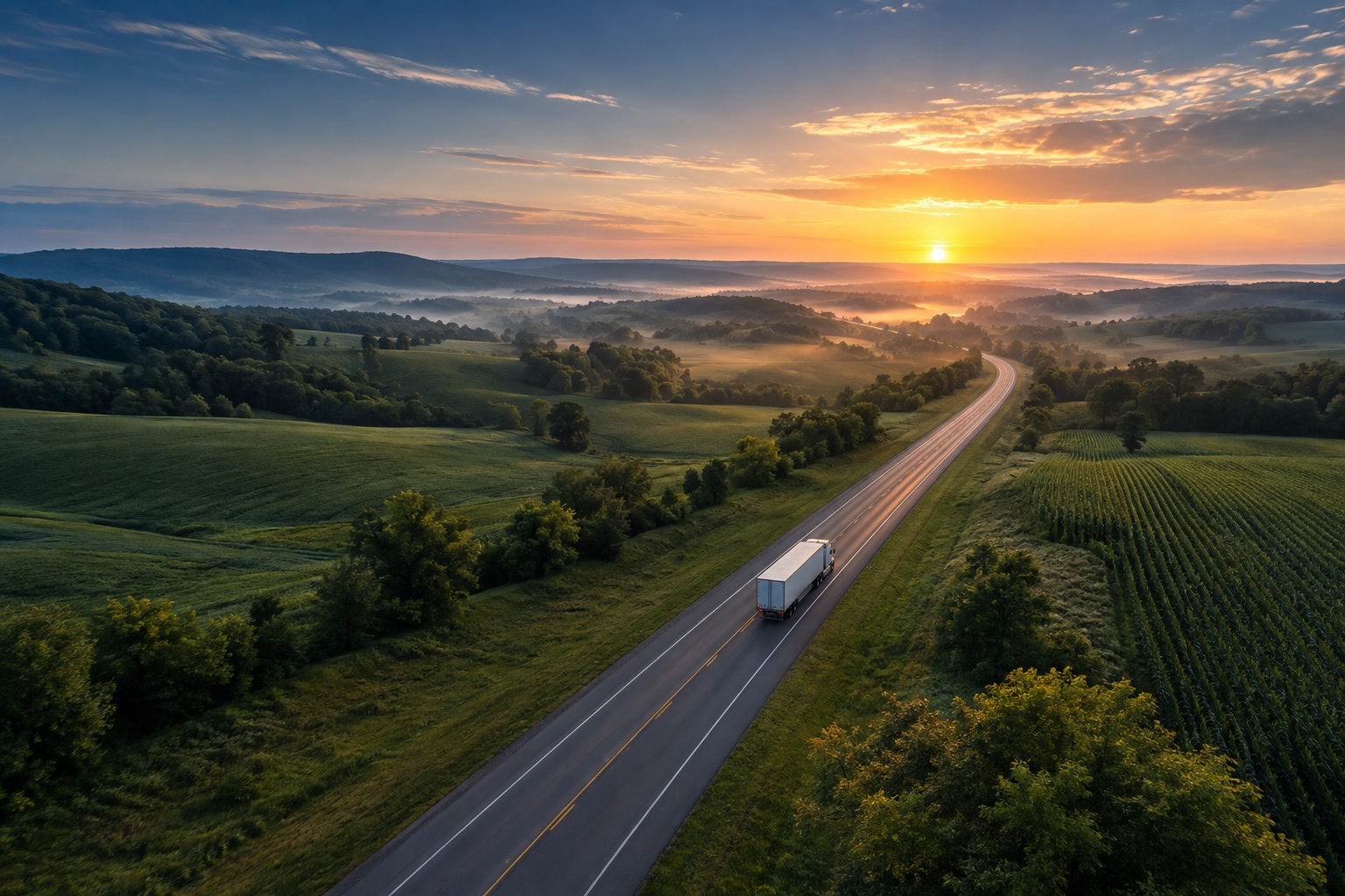 Open highway through the countryside at sunrise